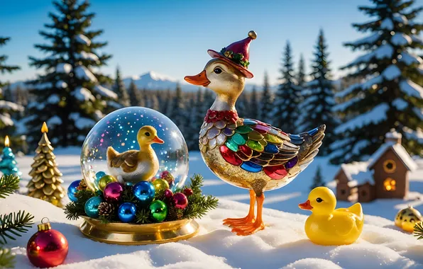 Winter, forest, balls, snow, toys, duck, Christmas, New year