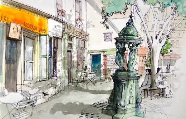 The city, figure, Paris, watercolor, fountain Wallace