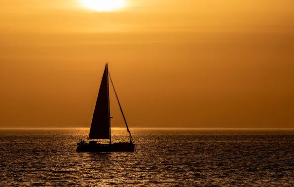The sun, sunset, the ocean, the evening, yacht, sail, mast, walk