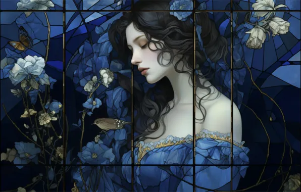 Girl, flowers, bird, butterfly, portrait, grille, brunette, stained glass