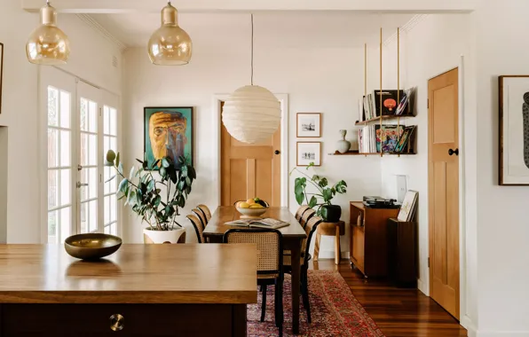 Design, style, books, interior, plants, pictures, gramophone, dining room