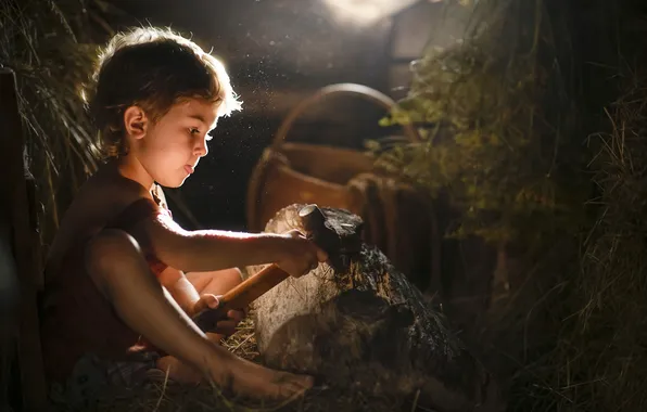 Hammer, little boy, at work, Irina Efimova