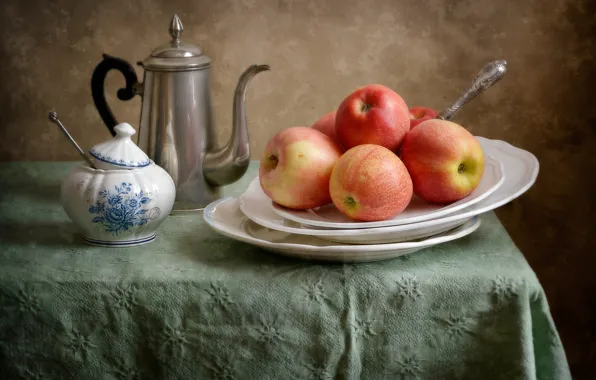Table, apples, kettle, still life, tablecloth, sugar bowl, coffee pot