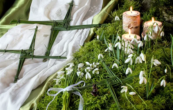 Picture moss, candles, snowdrops, figure
