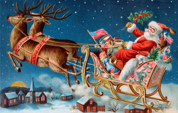 Picture winter, toys, gifts, town, sleigh, Santa Claus, deer, postcard