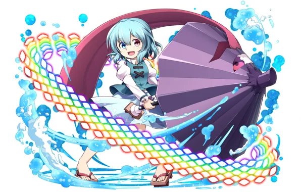 Rainbow, umbrella, white background, blue hair, different eyes, water splashes, fun, stuck out his tongue