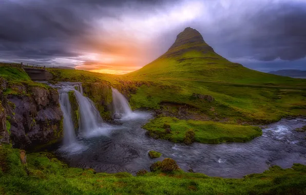 Picture mountain, waterfall, Iceland, Kirkjufjell