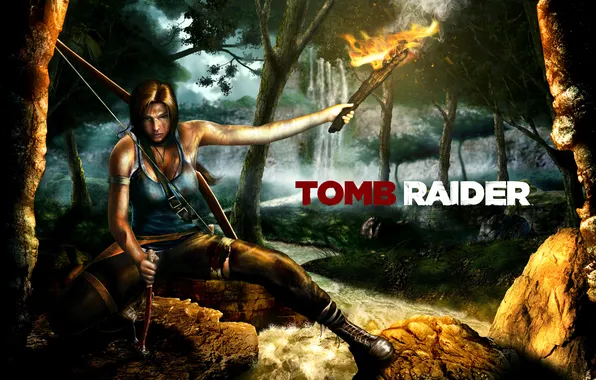 Picture forest, girl, art, torch, Tomb Raider