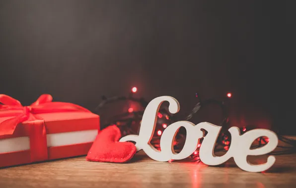 Love, the dark background, table, holiday, box, gift, the inscription, heart