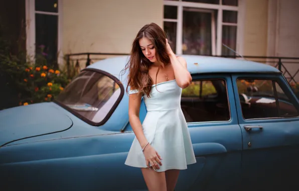 Picture girl, flowers, pose, house, figure, dress, brunette, car