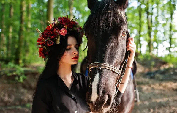 Look, face, girl, flowers, nature, horse, horse, makeup
