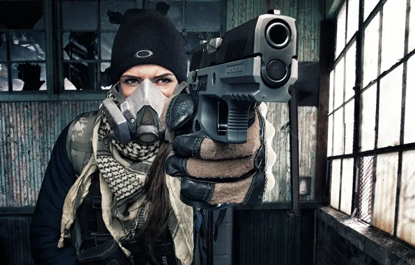 Girl, face, style, gun, gas mask, gloves, shawl