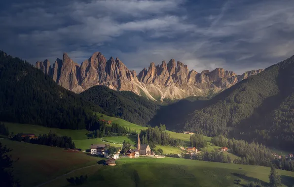 Forest, mountains, Alps, Church, houses, settlement
