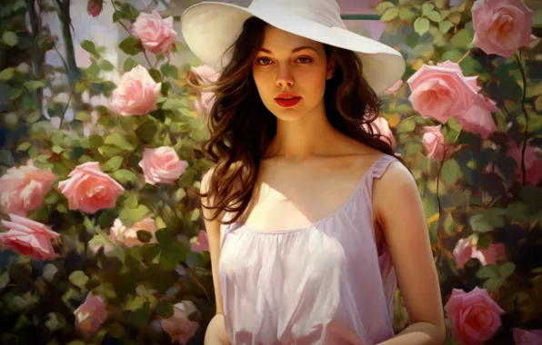 Girl, light, flowers, face, portrait, roses, hat, garden