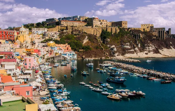 Sea, rocks, coast, boat, home, boat, Italy, Corricella