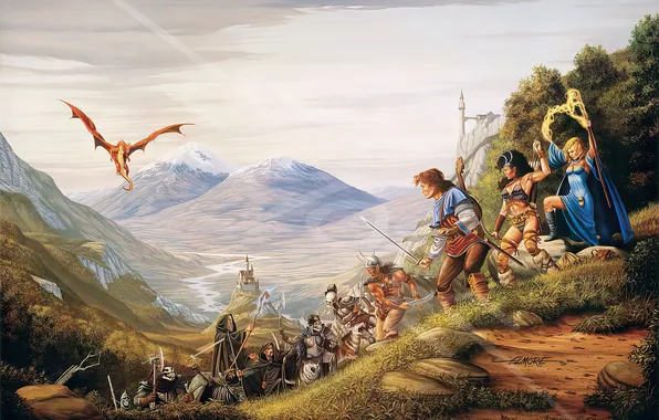 Picture Mountains, Dragon, Castle, Warriors, The wizard, Warriors, Larry Elmore, Larry Elmore