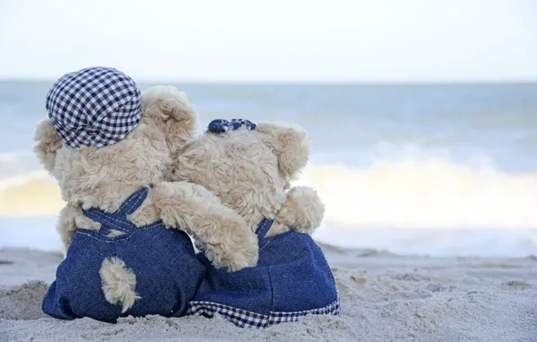 Sand, sea, beach, love, toy, bear, pair, love