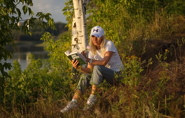 Girl, landscape, sunset, model, Tatiana, reading a book