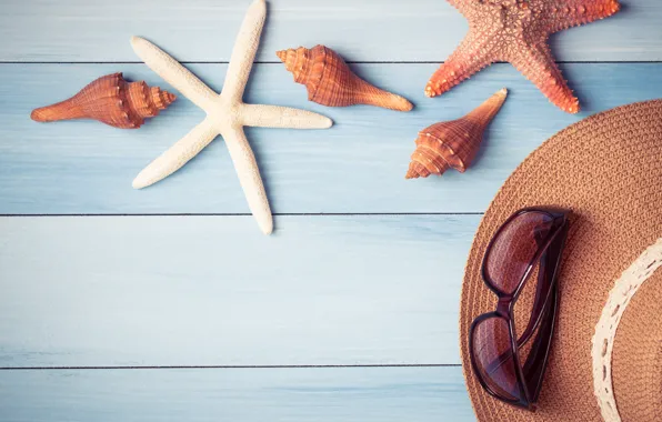 Picture beach, background, Board, star, shell, summer, beach, wood