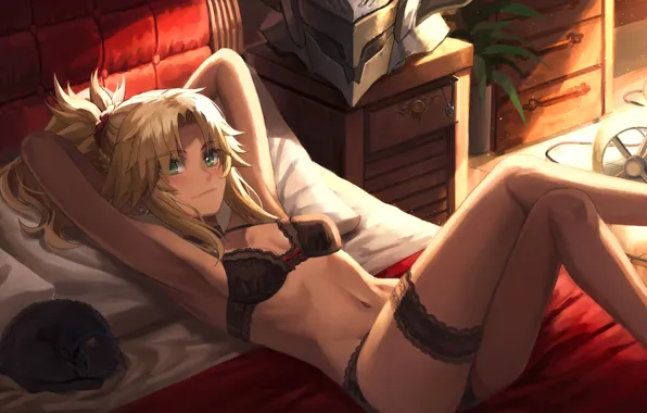 Cat, girl, bed, Fate / Grand Order, Red Saber, by Tonee89