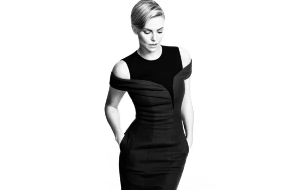 Picture Charlize Theron, model, figure, dress, actress, blonde, white background, black and white