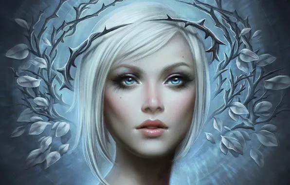 Lights, spikes, blue eyes, blue eyes, crown, fantasy art, beautiful woman, radiance