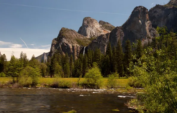 Trees, mountains, rocks, glade, waterfall, CA, USA, river