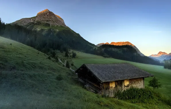 Mountains, nature, house, Austria, Sunrise at Tirol