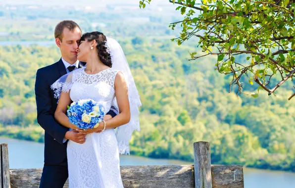 Pose, photo, bouquet, dress, hugs, pair, lovers, the bride
