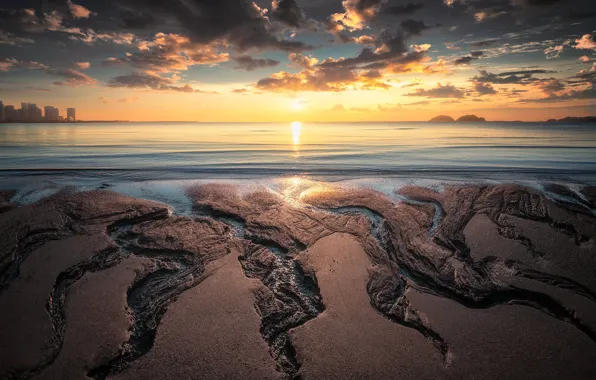 Sand, beach, the sun, dawn, shore, morning, pond, relief