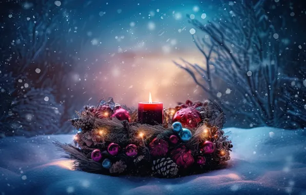 Winter, snow, decoration, night, berries, candles, New Year, Christmas