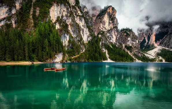 Picture clouds, landscape, mountains, nature, lake, boats, Italy, The Dolomites