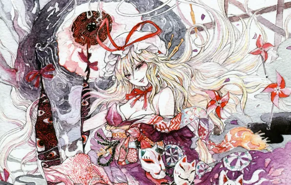 Turntables, mask, bow, red eyes, long hair, touhou, art, strikingly is wait