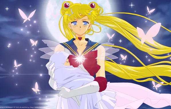 Butterfly, the moon, child, sailor moon, sailor moon