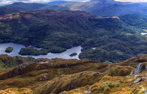 Forest, mountains, lake, Scotland, panorama, Loch Drunkie