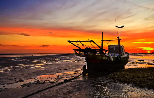 Sunset, river, ship, Barkas, schooner