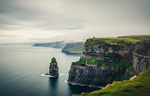 Water, clouds, fog, rocks, shore