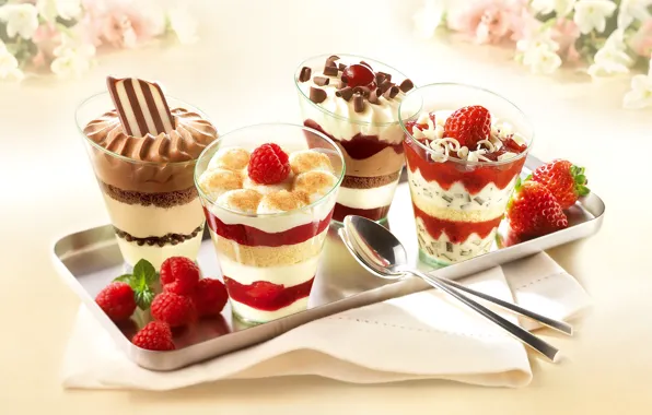 Raspberry, chocolate, glasses, cream, dessert, sweet, spoon
