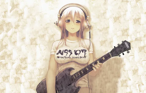 Picture chest, girl, guitar, headphones