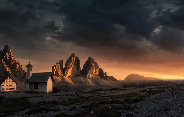 Clouds, sunset, mountain, The Dolomites