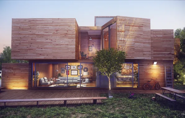 Picture design, bike, house, structure, exteroir final render