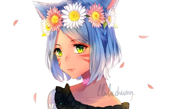 Face, petals, white background, wreath, blue hair, cat ears, neko girl, neko-Chan