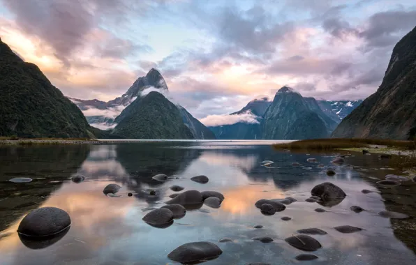 Mountains, lake, New Zealand, New Zealand, Milford Sound