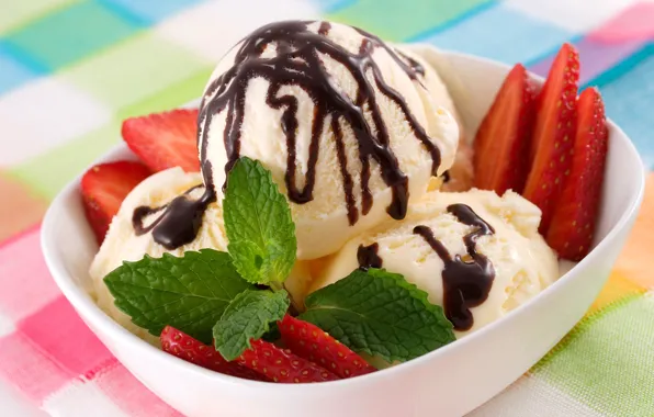 Picture berries, chocolate, strawberry, ice cream, mint, dessert