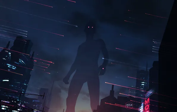 Night, The city, Silhouette, City, Art, Concept Art, Giant, Science Fiction