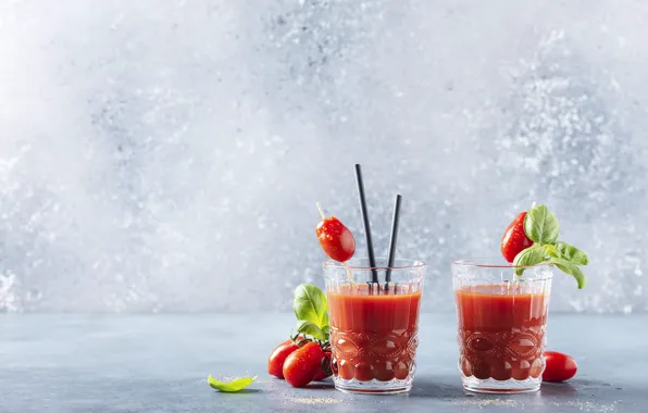Glasses, drink, tomatoes, tomatoes, tomato juice, cherry, Basil, crushed ice
