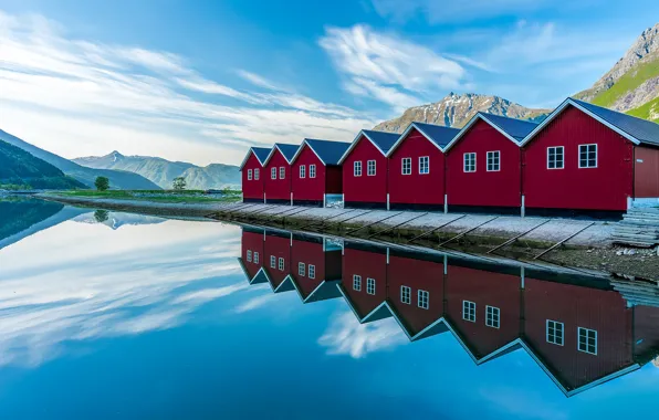The sky, clouds, mountains, lake, Norway, boathouses