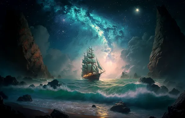 Sea, wave, stars, clouds, landscape, night, storm, lights