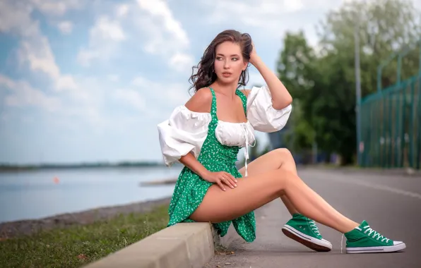 Girl, pose, feet, sneakers, sundress, Sergey Gokk