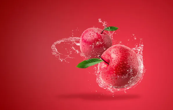 Picture water, squirt, red, background, apples, splash, Sirichai Asawalapsakul